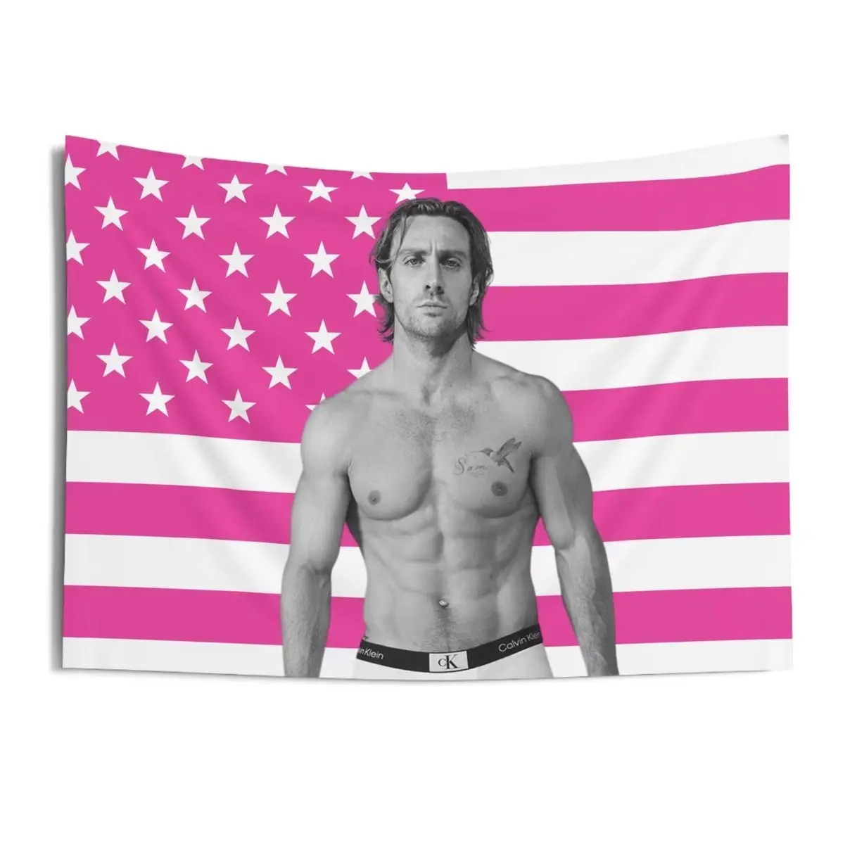 Shirtless Aaron Taylor-Johnson Pink Flag Tapestries, Aaron Taylor-Johnson Indoor Wall Tapestries