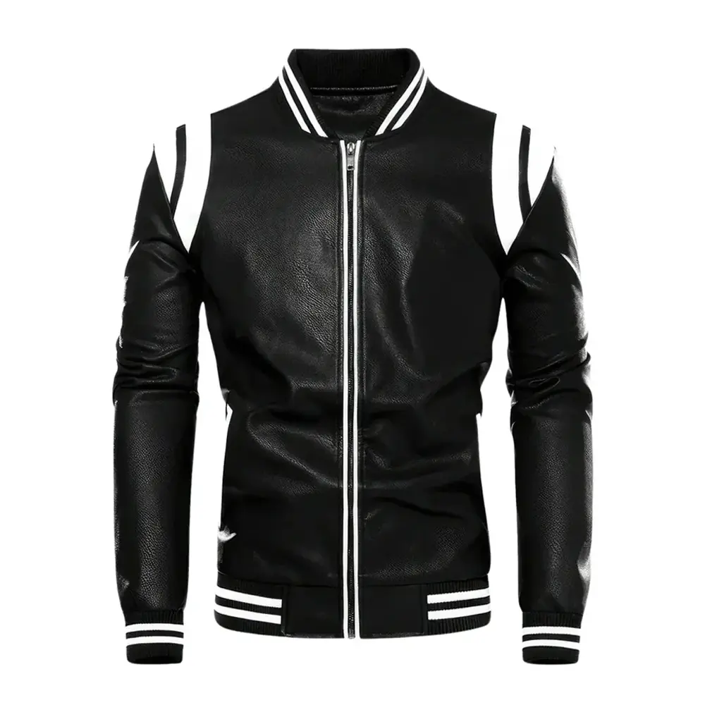 Men's Black Leather Jacket with White Shoulder Stripes real Sheepskin Leather Biker Jacket by Hide Crafts Menswear Stylish