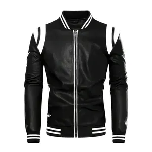 Men's Black Leather Jacket with White Shoulder Stripes real Sheepskin Leather Biker Jacket by Hide Crafts