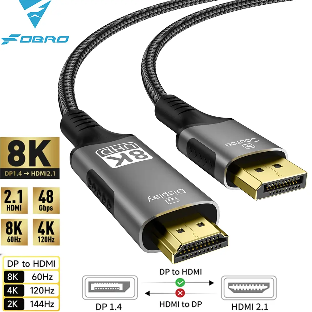 DisplayPort to HDMI-Compatible Cable DP1.4 to HDMI 2.1 Converter 8K@60Hz 4K@120Hz HDR For Desktop Laptop PC TV Monitor Projector Alloy Aluminium