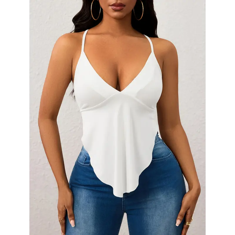 Women's Elegant Solid Cami Top, V-Neck Loose Fit Tank in Non-Stretch 100% Polyester with Adjustable Cross-Back Straps and High-Low Hem, Sleeveless, Women's Clothes, Tank Top, Spaghetti Strap