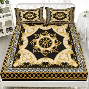 2/3pcs Gorgeous Retro Gold-patterned Silk Scarf Background Series Fitted Sheet Set, Suitable For Bedrooms, Hotels, Dormitories And Other Places, Machine Washable (1 Fitted Sheet + 1/2 Pillowcase, No Core)