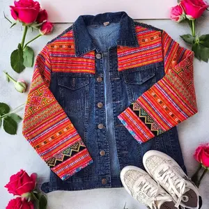 Hmong Patterns Jean Jacket with Colorful Striped Sleeves and Traditional Design Elements