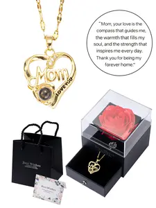 100 Languages I Love You Mom Projection Necklace, Heart Pendant, Stainless Steel Chain, Mother's Day Jewelry Gifts with Preserved Rose Box
