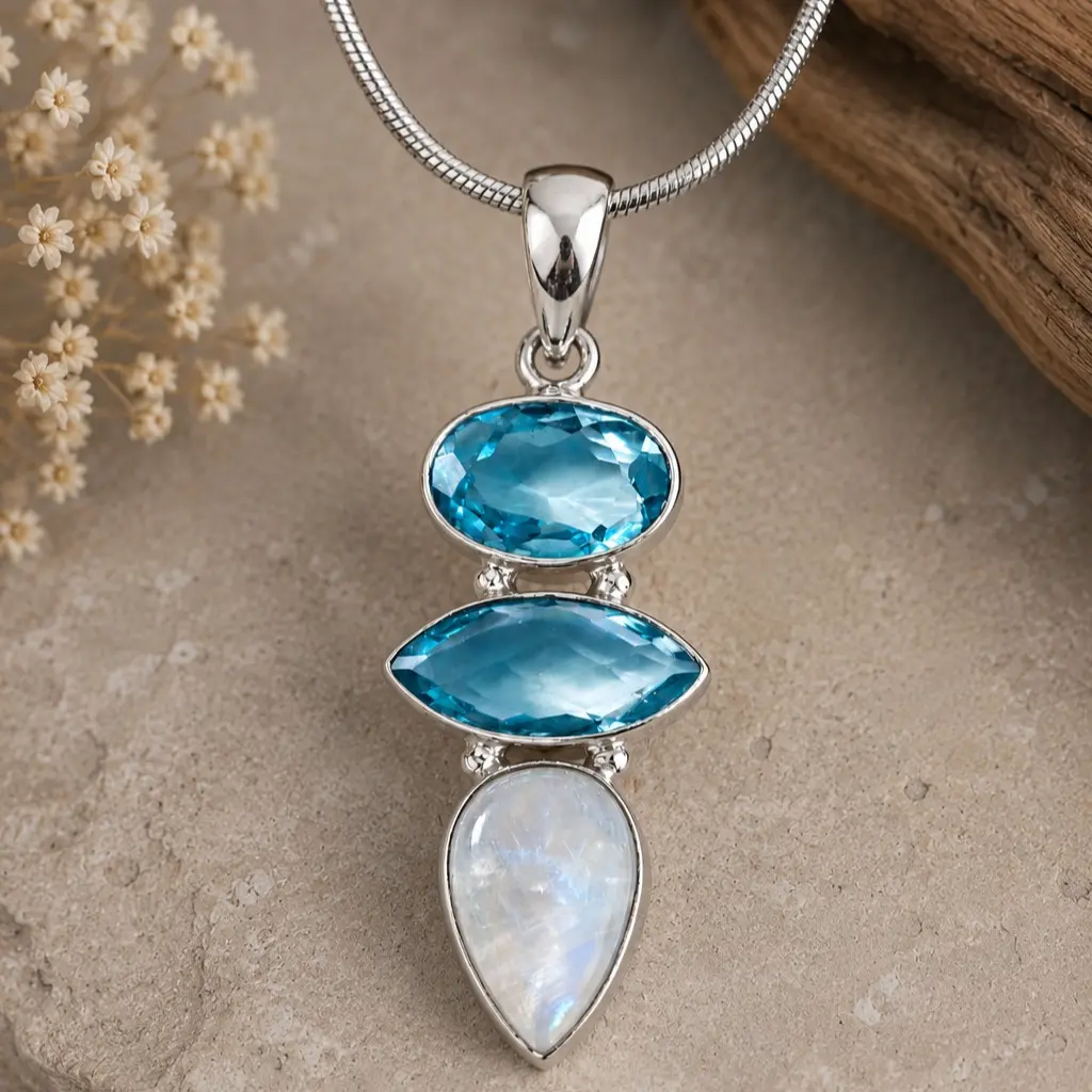 Blue Quartz, Blue Topaz & Rainbow Moonstone Pendant