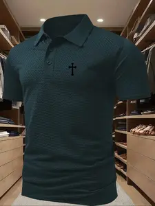 Cross Print Polo Shirt, Multi-Occasion Wear, Premium Fabric, Comfortable Breathable, Classic Design, Casual Style, Geometric Pattern, Fitted Casual Collared, Golf Shirt