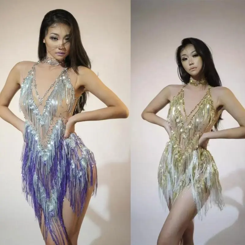 Women's Dance Stretch Mesh Sparkly Rhinestones Tassels Mini Dress for Stage Performances Nightclub Costume 6XDA