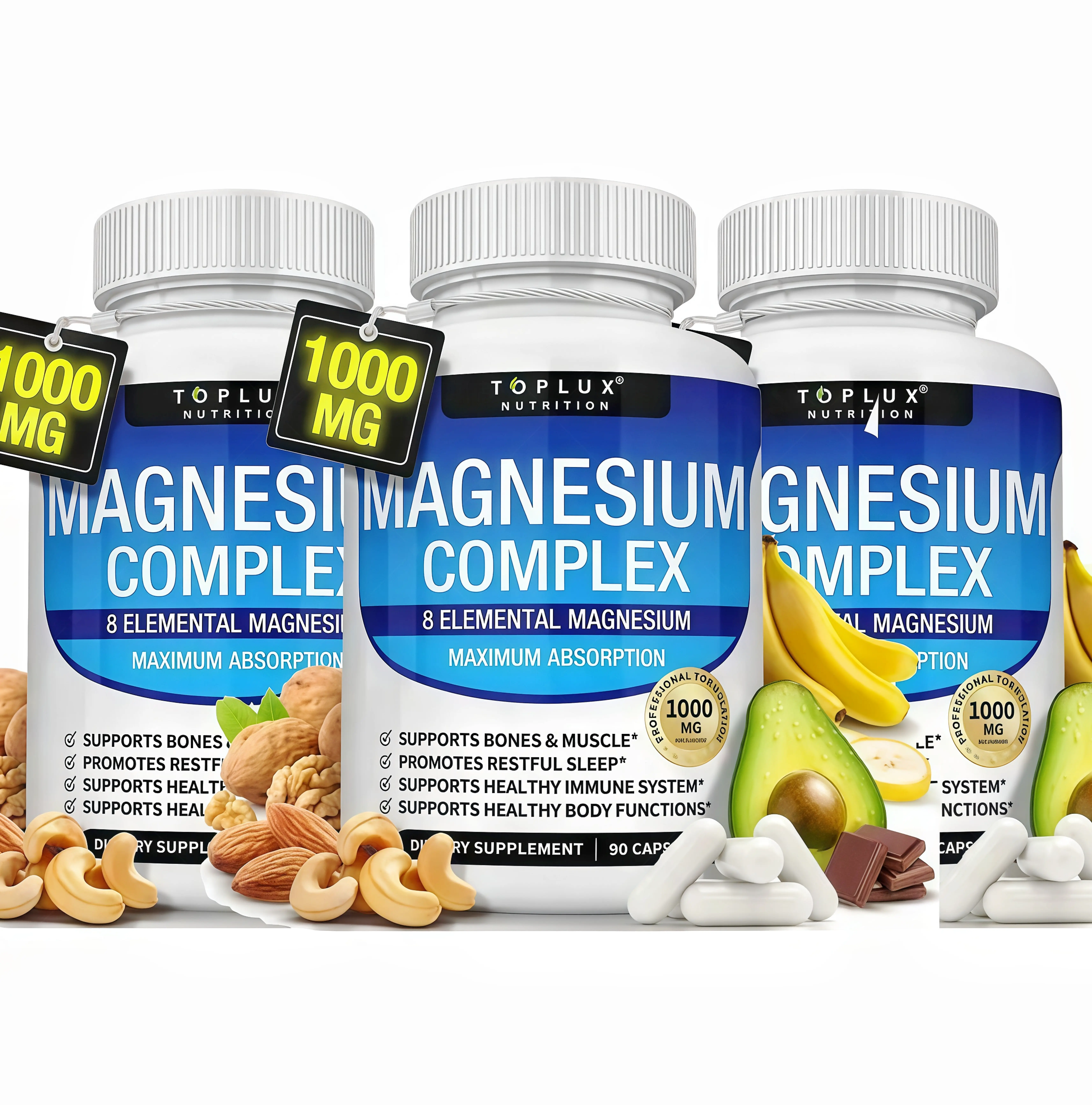 3 Pack Toplux Magnesium Complex HA 8 Essential Magnesium Supplement 1000mg Fitness Edible
