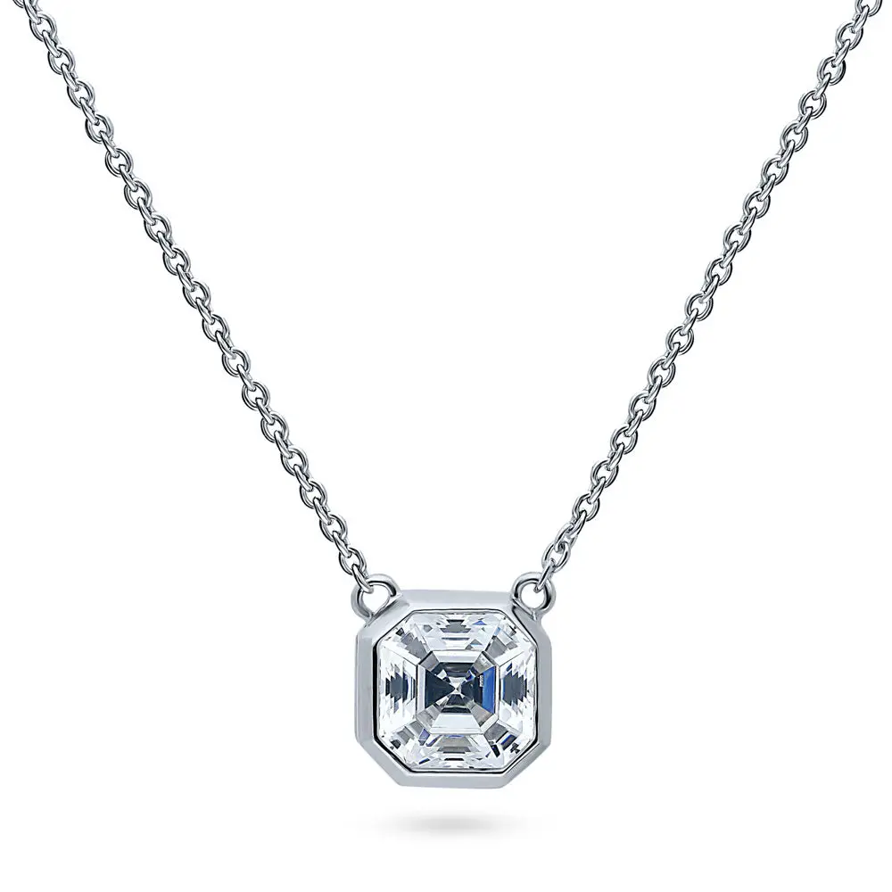 BERRICLE Sterling Silver Solitaire Pendant Necklace for Women, 1.2 Carat Bezel Set Asscher Cut Cubic Zirconia CZ 16 inch