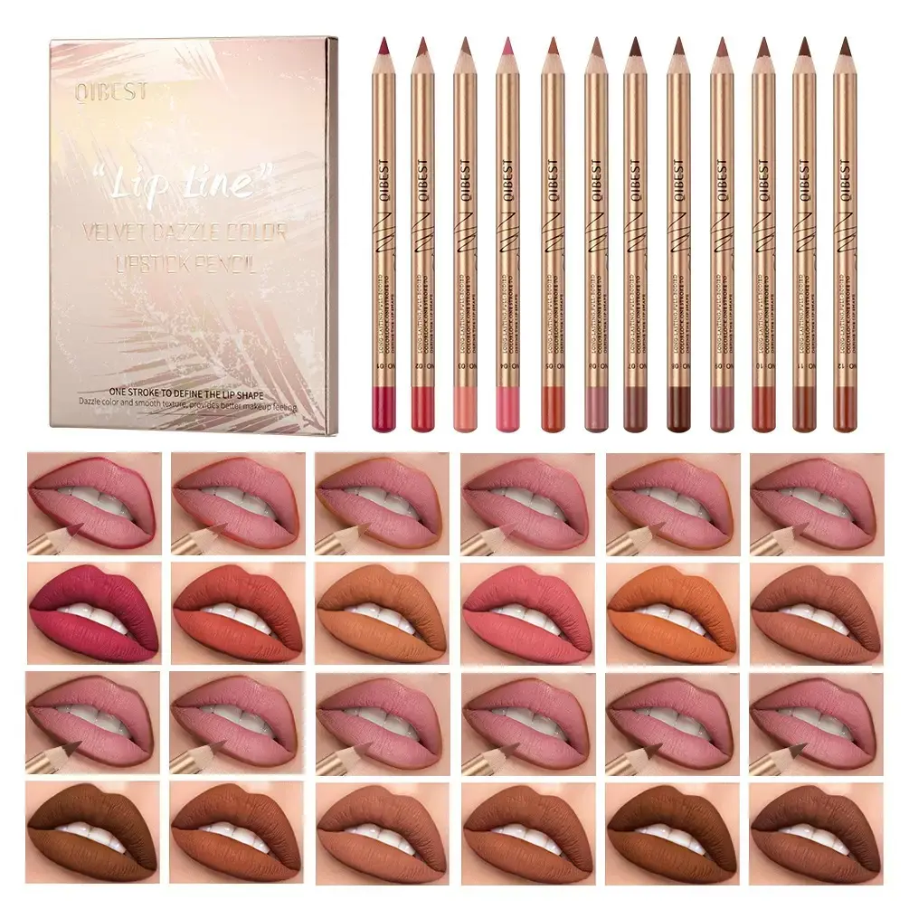 12-Color Lip Liner Set, Matte Gold Tube Lip Liner Pencils, Long-Lasting, Waterproof and Non-Fading with Smooth, Fine Texture, Perfect for Contouring Lips, Lip Liner Makeup