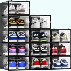 Clear Plastic 12 Pack Shoe Storage Bins - Foldable Design for Closet Organization - Lightweight Room-Saving Shoe Rack