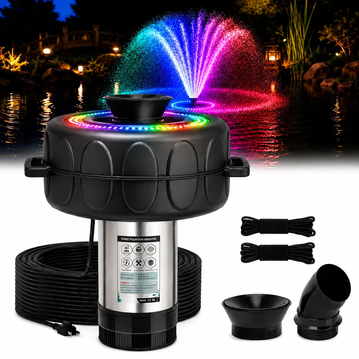 BOFEIKETE Pond Fountain Aerator, LED RGB Multicolor Aerator Floating Fountain Light,1HP 110V 15000 GPH Stainless Steel Fountain Pump, Fully Automatic Powerful Lake Floating Fountain, 100 FT Power Cord