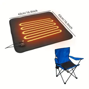 Portable heated seat cushion with 3 adjustable heating modes for stadium seats and camping chairs. USB powered for indoor and outdoor use. Power bank not included.