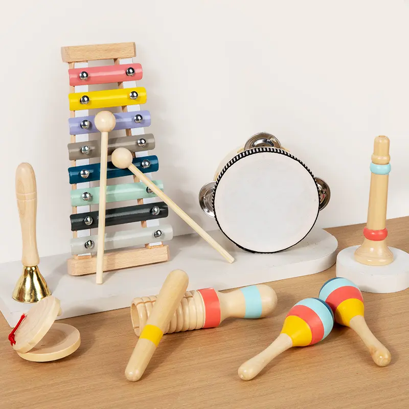 Unisex Children's Wooden Percussion Instrument Set - Xylophone, Hand Drum, Castanet, Rattles - Vibrant Safe Educational Toy for Babies, Boosts Children Development, Reassures Moms, Ideal Holiday Gift, Holidays, Encourages Hand-Eye Coordination