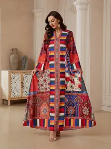 Middle Eastern High-End Custom Rainbow Geometric Totem Robe, Vintage Floral Light Luxury Abaya, Elegant Long Dress for Women