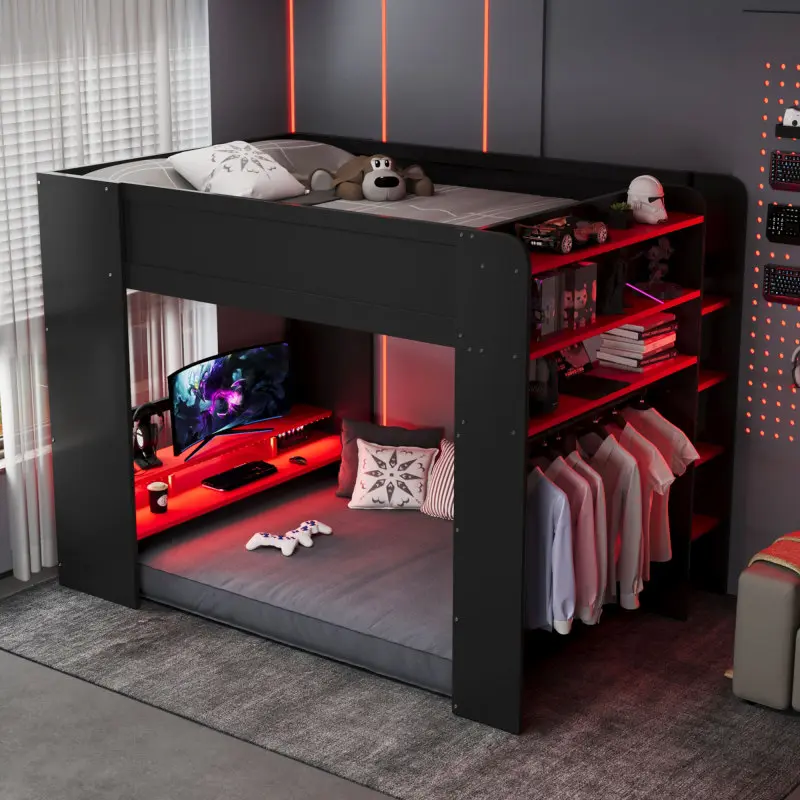 Lofted Full-Size MDF Wood Gamer Bunk Bed Frame - Pre-Drilled Indoor Furniture with Height-Adjustable Desk, Wardrobe, Ample Storage Drawers, Color-Changing RGB Lights, Cable Management, USB Port for Immersive Gaming Setup