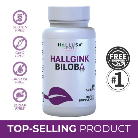 Hallusa Natural Organic Ginkgo Biloba Vitamins Supplements, Extra Strength 120mg Extract, 60 Capsules, 30-Day Supply, Allergen-Free Edible Health Dietary Supplement, Gluten-Free
