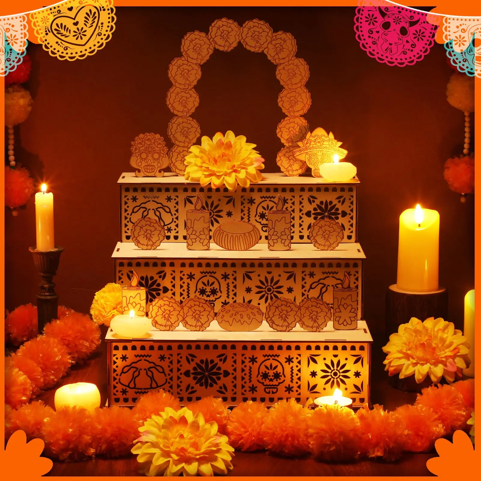 Mexican Day of the Dead Wooden Altar Display Set, 3-Tier Dia De Los Muertos Wooden Shadow Box Ofrenda Decorations, Multiple Sets Available with Marigold Garland, Papel Picado Pieces, Lighted Frames, Butterfly Motif, Gifts for Home Party Memorial Event