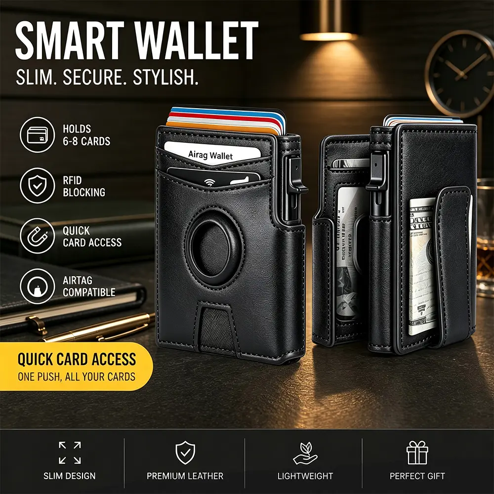 2026 New Men's Smart AirTag Wallet, Ultra-thin RFID-shielded aluminum pop-up wallet with bill holder and ID card window, holds 9-13 cards, front pocket wallet, a gift for dad, husband, or boyfriend (AirTag not included). sohochic backtoschool