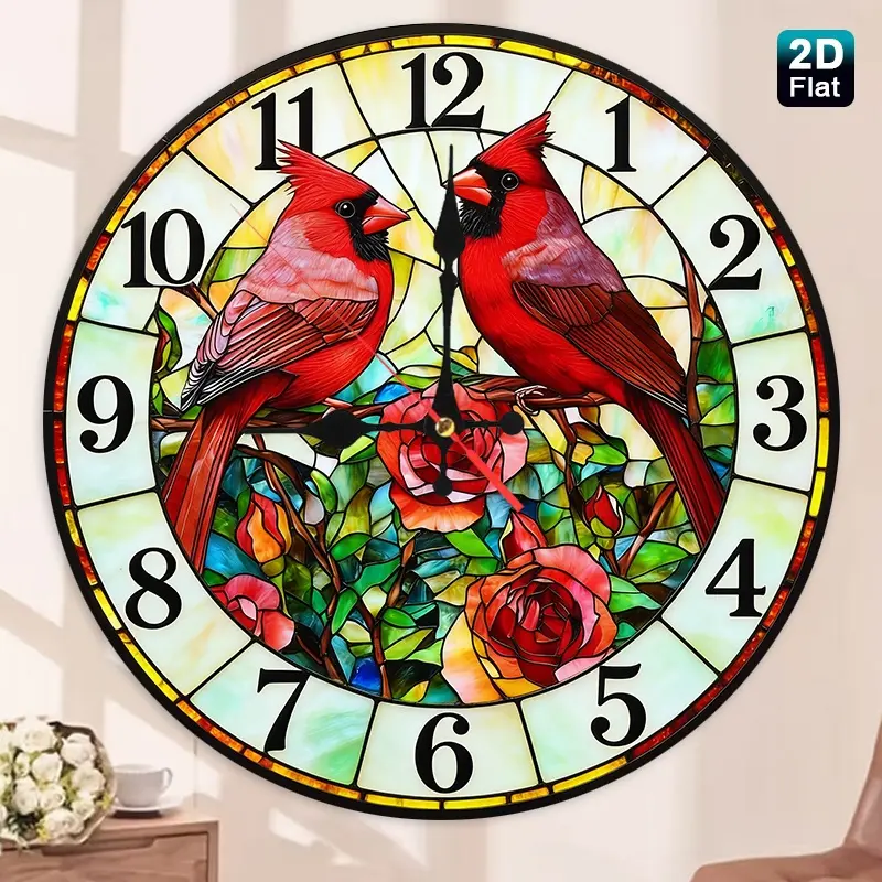 1 piece of colored glass double cardinal bird rose wall clock, glass silent wall clock -- artistic and romantic decorative wall clock. Round flat design, battery-powered (battery not included), suitable for home, office, kitchen, and campus decoration, a