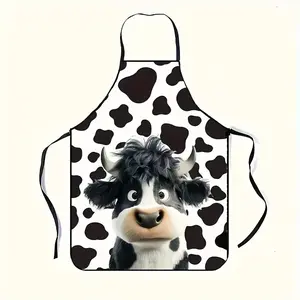 3D Printed Cow Pattern Food Apron with Nail Art Design No-Sleeve Kitchen Apron for Women Girls