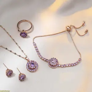 Women's 5-Piece Purple Rotating Jewelry Set - Micro-Paved Zircon Necklace, Earrings, Ring, Bracelet, Stylish Clavicle Chain Accessory for Daily & Party Wear, Female Jewelry for Women