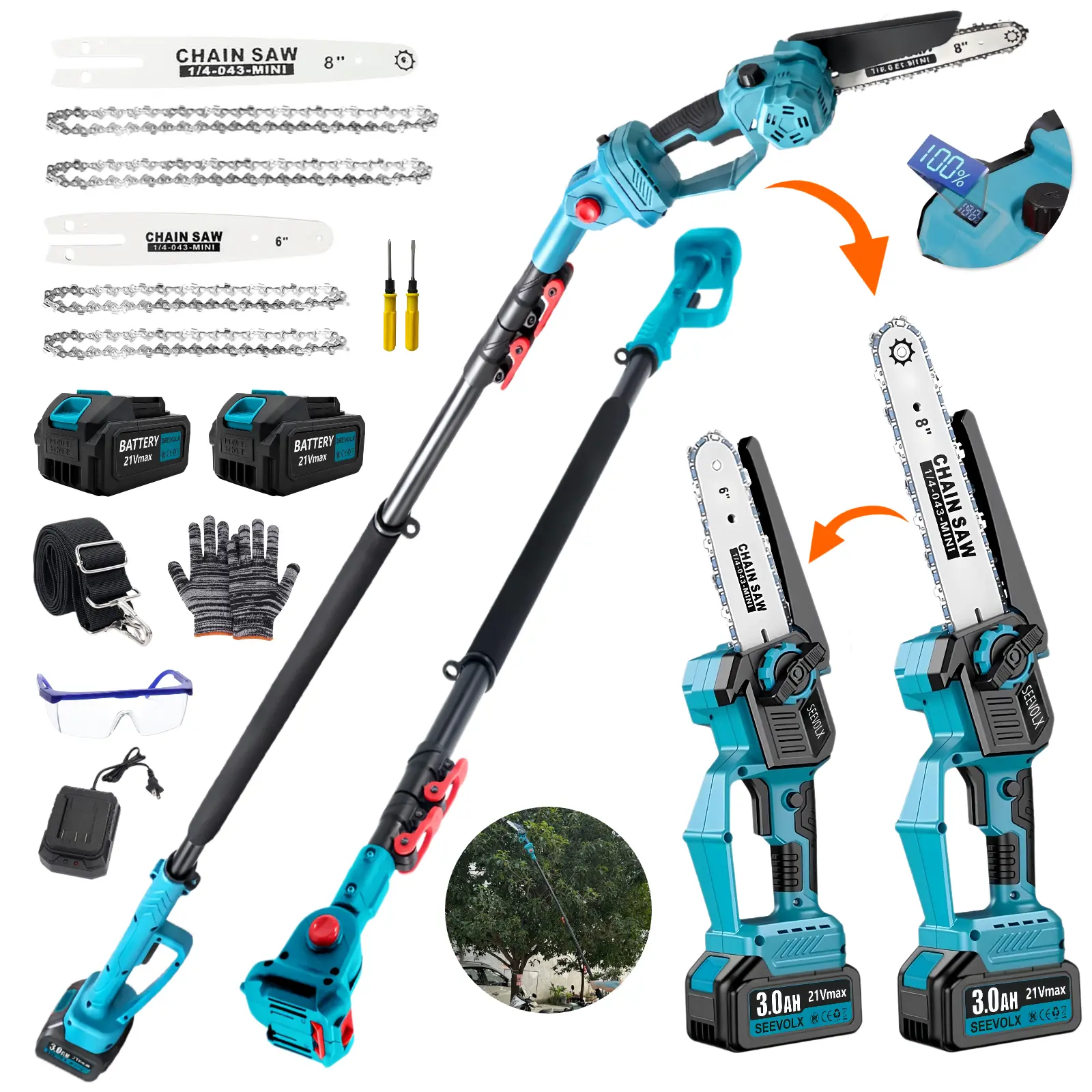 【Newly Upgraded】SEEVOLX 3-in-1 Cordless Pole Chainsaw, 2 Batteries, 6" Brushless Cut & 8" Interchangeable Bars, 9.93ft Max Reach, 180° Angled Head, Shoulder Strap, ABS, Gloves, Safety Goggles, Compact Body, Easy to Carry, Gardening Tool for Tree Trimming