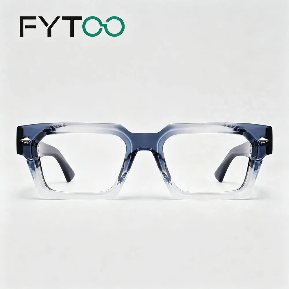 FYTOO Gradient Blue Clear Chunky Square Anti Blue Light Acetate Glasses, Thick Rectangle Statement Eyeglasses