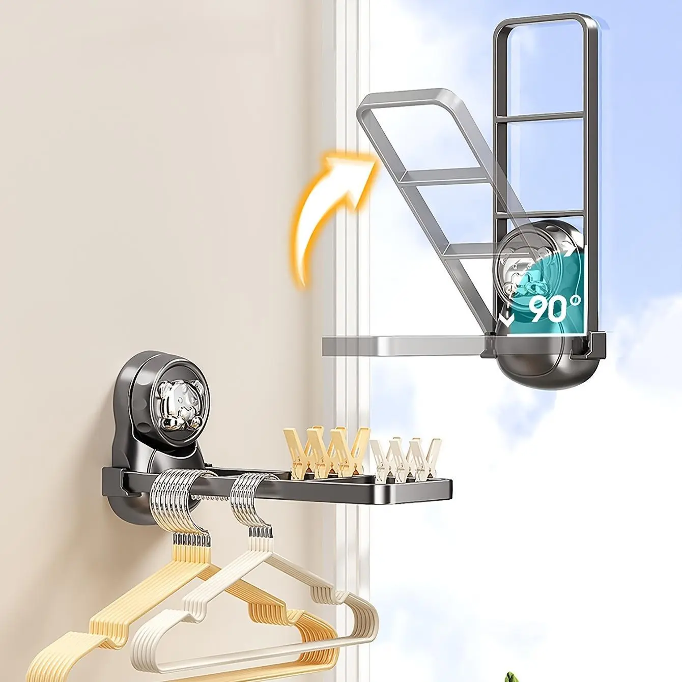 1pc Amoichic Alloy Hangable Folding Clothes Drying Rack - Compact, Suction Cup Mounted, Extendable Wall Hanging Rod for Indoor Drying, Small Space Users’ Home Laundry Utility (Bathroom, Balcony)