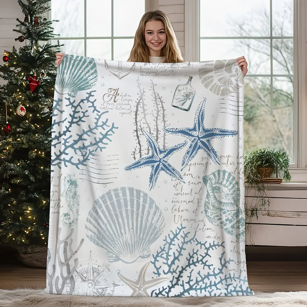 Vintage Nautical Starfish And Shell Blanket - Comfortable, Lightweight Blue And Teal Plush Blanket with Coral Reef Design - Hypoallergenic Polyester, Machine Washable for Sofas, Beds, Beach House Decor