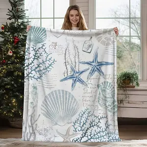 Vintage Nautical Starfish And Shell Blanket - Comfortable, Lightweight Blue And Teal Plush Blanket with Coral Reef Design - Hypoallergenic Polyester, Machine Washable for Sofas, Beds, Beach House Decor summervibes