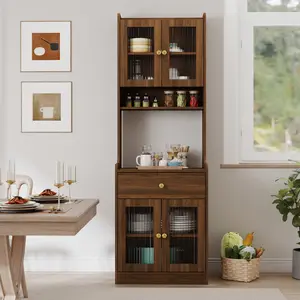 Kitchen Pantry Hutch Storage Cabinet Farmhouse Kitchen Hutch Buffet Cabinet with Microwave Stand Freestanding Buffet Sideboard Coffee Bar Cabinet