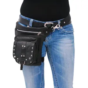 Jamin Leather® Studded Black Cowhide Thigh Bag TB351SGRK with Silver Zipper Concealed Pocket for Travel Biking Top Grain Leather Adjustable Waist Strap