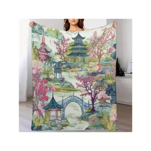 Asian Blanket Style Pagoda Coral Blue Asian Blanket Fluffy Comfortable Anti-Static Bohemian Blanket Bed Sofa Cover And All Season Use 30x40, Birthday Mother's Day Size 70x140cm/27. 56x55. 12 In