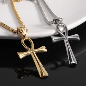 Unisex Stainless Steel Gold-Plated Ankh Cross Pendant Necklace - Wheat Chain Included - Elegant Religious Costume Jewelry for Men and Women