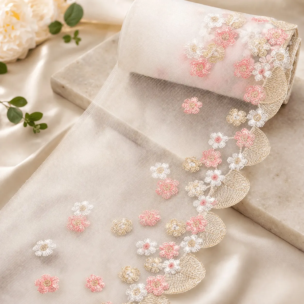 1 Roll (2 Yards) Multicolor Daisy Embroidered Lace Trim Suitable for DIY Sewing, Dress Edging, Wedding Decorations - Soft Tulle Mesh Fabric with Base & Multicolor Threads, Lace Ribbon for Crafts, Wedding Dress Trim