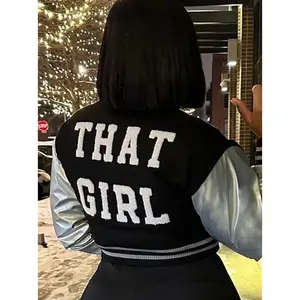 That Girl Baddie Varsity Jacket - Casual Long Sleeve Top with Embroidered Text, Ideal for Womenswear and Coats