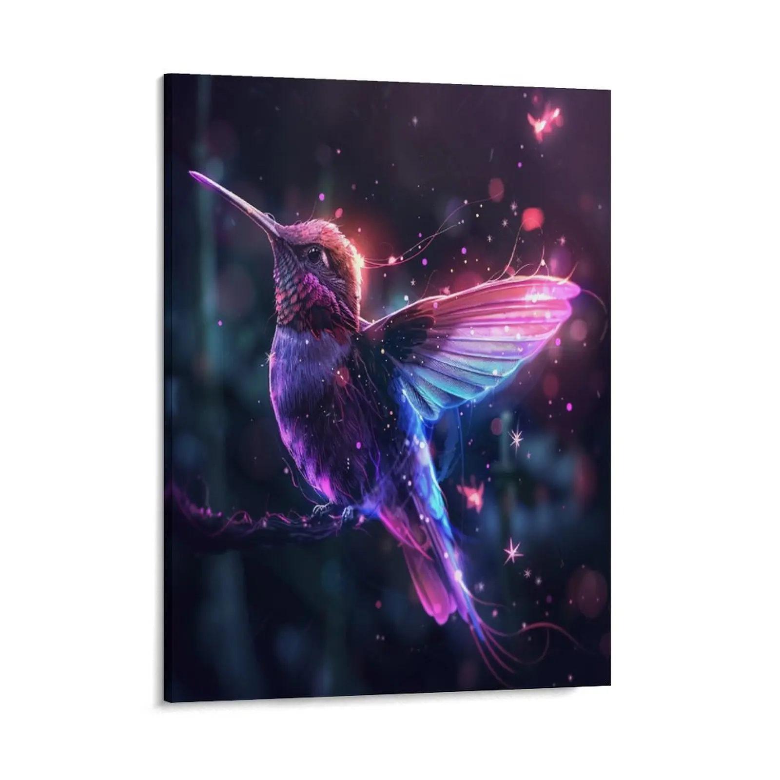 Purple Hummingbird Posters Wall Art Prints with Glowing Neon Lights, Dreamy Birds Theme, Home Wall Art, Family, Bedroom, Office Decor, Aesthetic