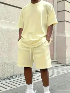 Men's casual loose-fit short-sleeved top and shorts set, light yellow set, men's trendy multi-coloured two-piece set