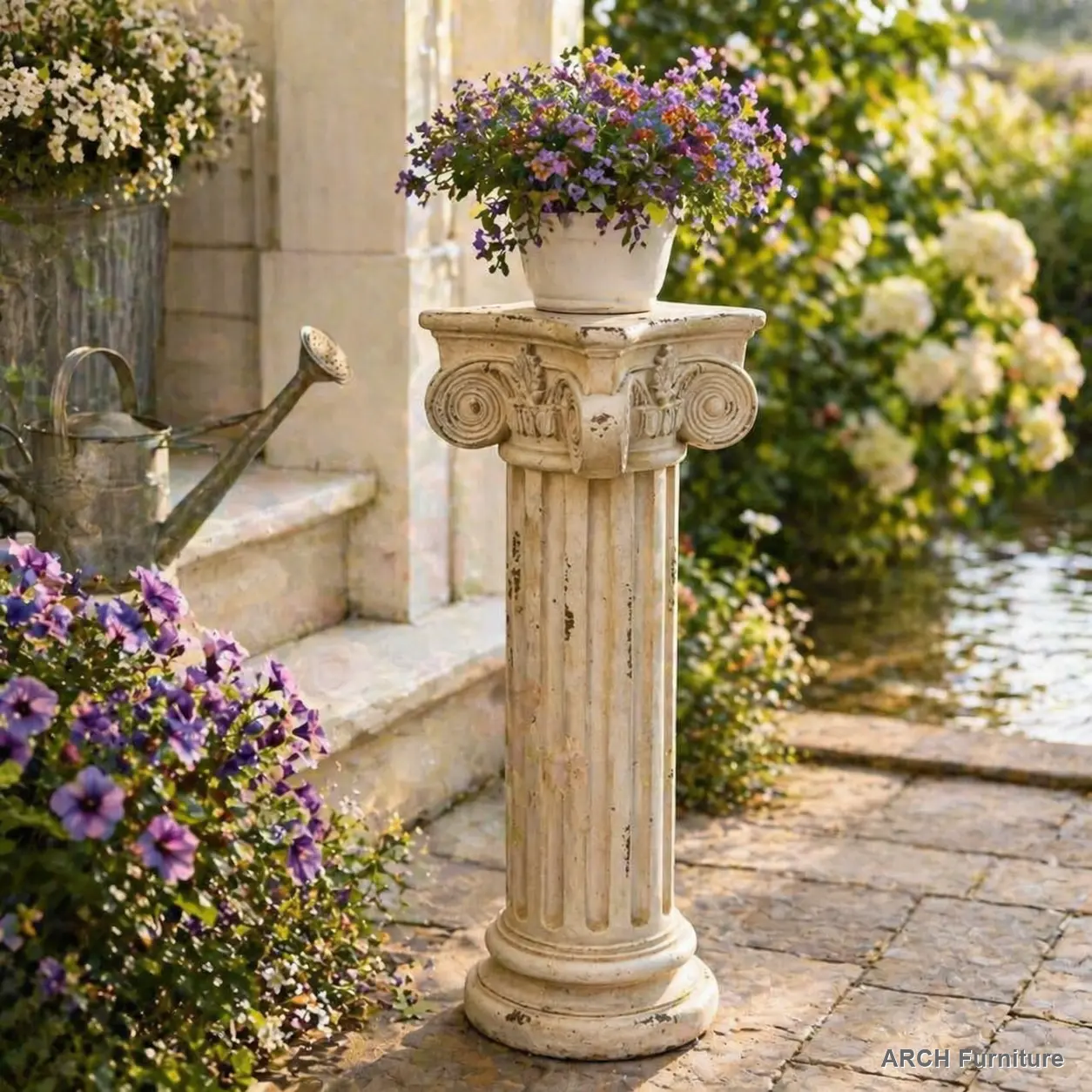 28.93 in Tall White Fluted ARCH Roman Column Pedestal Plant Stand - Magnesium Oxide Greek Pillar Sculpture, Garden Accessory, Indoor Decor, Home Furniture, Wedding Display Support for Showcasing Potted Plants, Garden Accessories