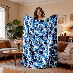 Blue Gradient Monkey Head Camo Print Flannel Blanket, Soft Lightweight Breathable, Ideal for Spring Summer, Bedroom Decor
