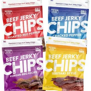 Wicked Cutz Jerky Chips Variety Pack, Up to 28g Protein Per Bag, Cracked Pepper, Teriyaki, Roasted Red Pepper, & Korean BBQ Flavored Beef Jerky Crisps, USA Made High Protein Carnivore Snacks (4 Bags)