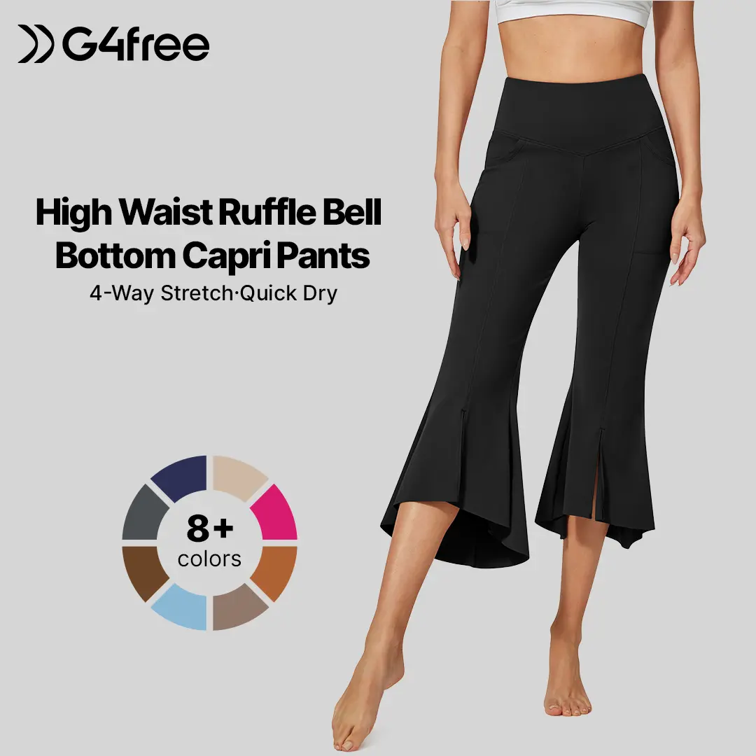 G4Free Women's Stretch Capri Dress Yoga Pants with Pockets - Ruffle Bell Bottom, Flared Hem Capris Leggings Pants, Yoga Clothes, Workout Tights, Flare Leggings for Gym, Pilates