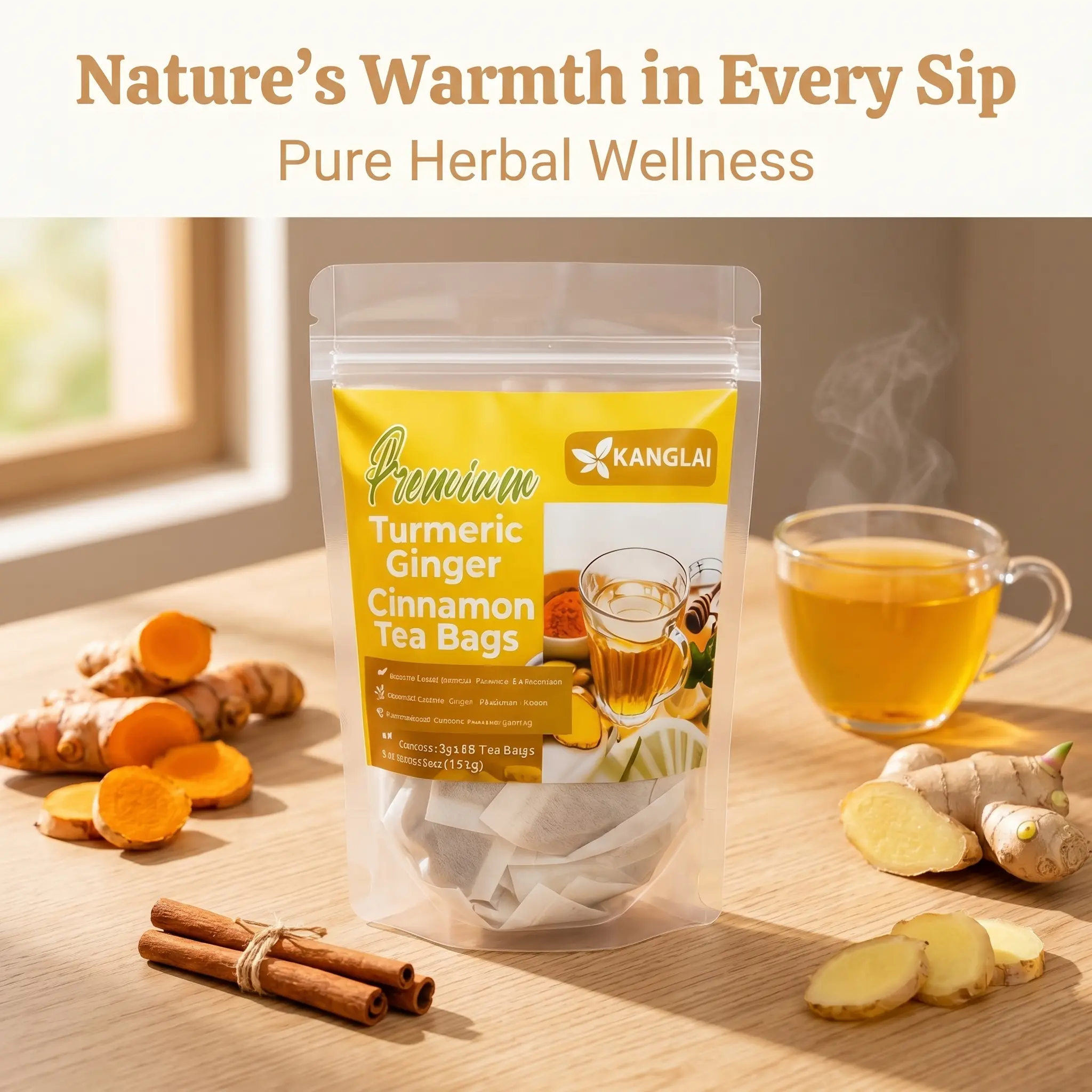 Turmeric Ginger Cinnamon Herbal Health Tea Bags, 60-Count Value Pack (2g/Bag, 120g Total), 100% Natural No Additives, Vegan Keto-Friendly Herbal Beverage