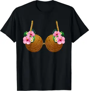 Coconut Bra Hawaiian Tropical Costume Luau Party Hawaii Summer Casual Shortsleeve Cotton T-Shirt