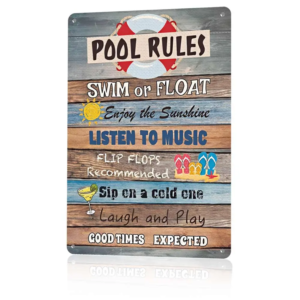 Vintage 12x8 in Aluminium Pool Rules Plaque and Sign - Playful Pool-side Fun Outdoor Decor, Retro Backyard Patio Wall Art, Summer Gift, Vintage Plaque Decoration