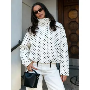 Polka Dot Women's Spring High Neck Long Sleeve Zip Up Jacket Windbreaker Cropped Coat Outdoor Casual Bomber Jackets Woman Outerwear Streetwear Demi-Season New In Jackets Fashionable Zipper Blue Woman Jackets Crop Jacket