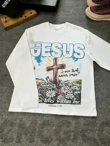 Men's Jesus Graphic Long-Sleeve Crewneck T-Shirt with Bible Verse Print, Casual Religious Top for Church & Daily Wear, Fitted Style for Spring & Fall, Menswear