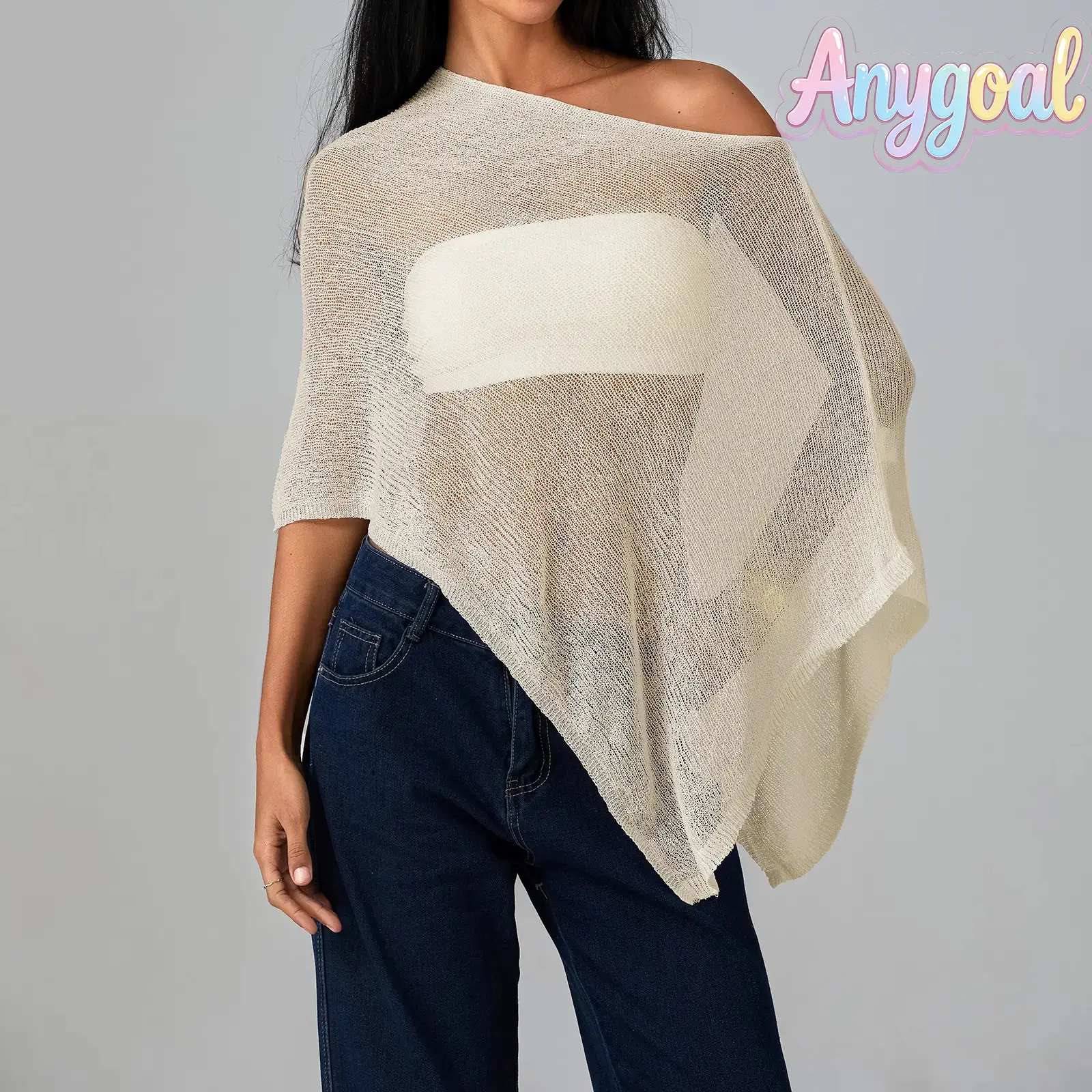 Anygoal Women's Sheer Knit Poncho Cover Up,Lightweight See-Through Mesh Pullover,Y2k Solid Color Irregular Hem Loose Shawl, Y2k Knit Croche Casual Beach Swimsuit Coverup for Summer Vacation Lace Nightwear Babydoll Adjustable beach outfits beach cover-up,s