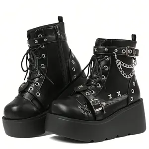 Women's Y2K Gothic Thick Bottom Ankle Boots Fashionable Metal Punk Round Toe Lace-Up with Side Zipper Platform Wedges Heels Party Dressy Cosplay Short Boots Woman, Women Shoes